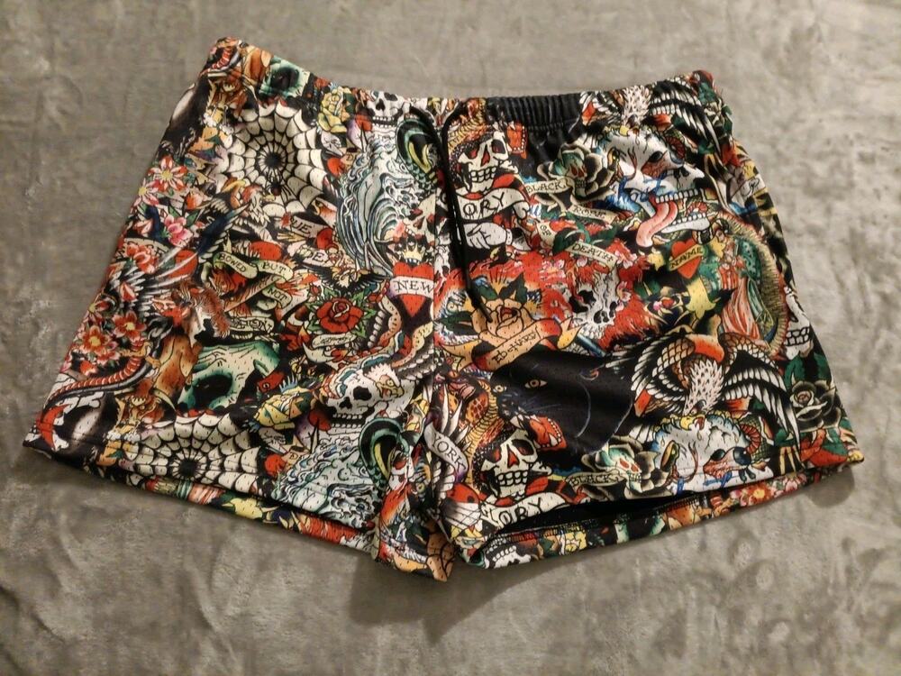 Ed Hardy Tattoo Collage Skull Panther Snake Mesh Shorts Men’s 2XL